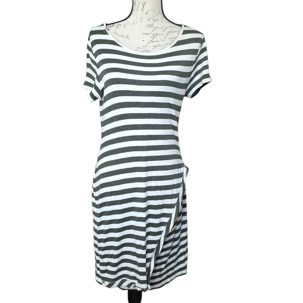 Market & Spruce Women's Size Large White Olive Green Striped Wrap Style Dress